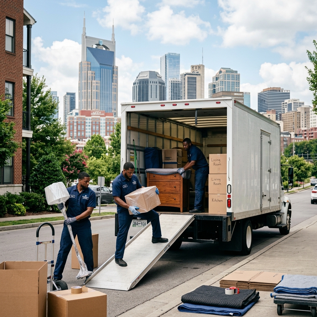 Qwartz LLC Movers Loading a White Truck in Nashville, TN
