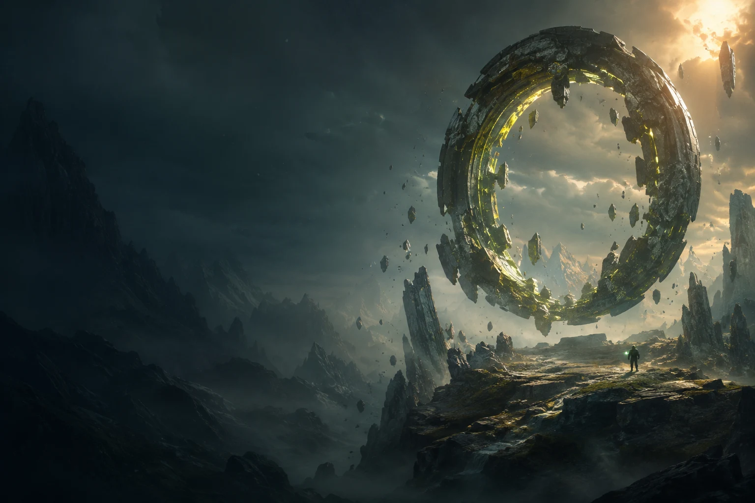 An explorer beneath a monumental stone portal in a distant mountain landscape